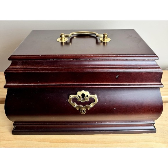 The Unbranded Brand Other - VTG Bombay Style Wooden Jewelry Box  Brass Cherry‎ Tone Red Velvet Interior